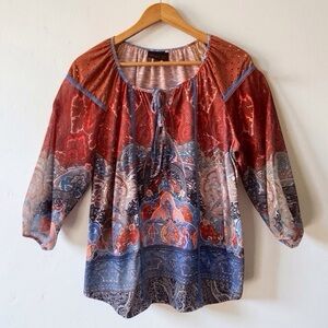 French Blue Boho Blouse L | Ultra Suede Shoulders & Sheer Sleeves